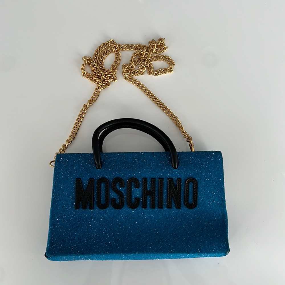 Moschino crossbody bag. Blue suede with glitter.